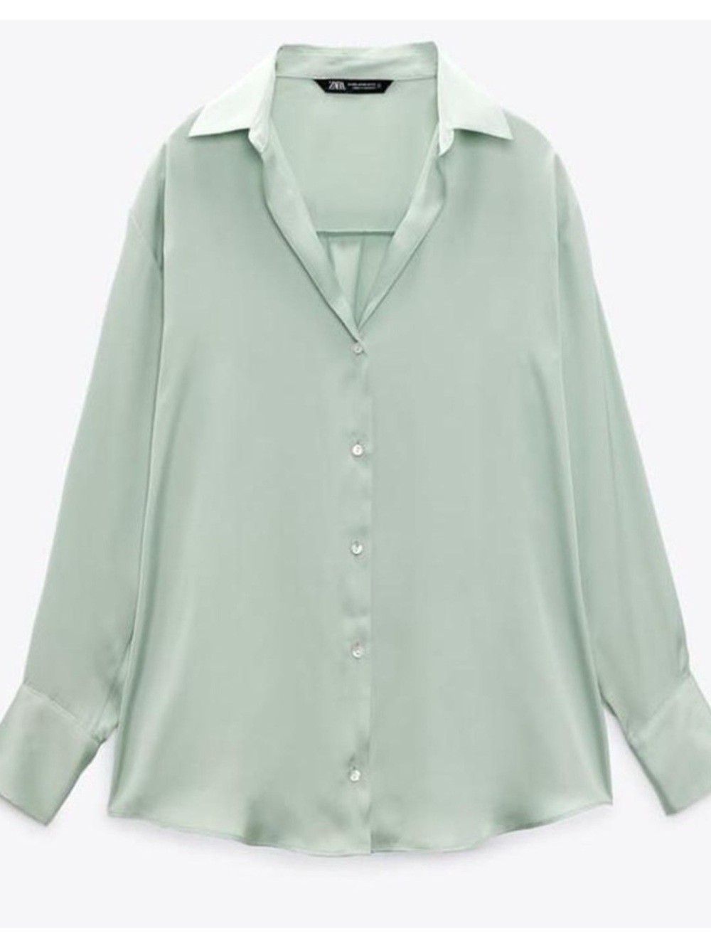 Zara Satin Button-Down Shirt in Sage Mint Seafoam Green V- Neck Size Medium
